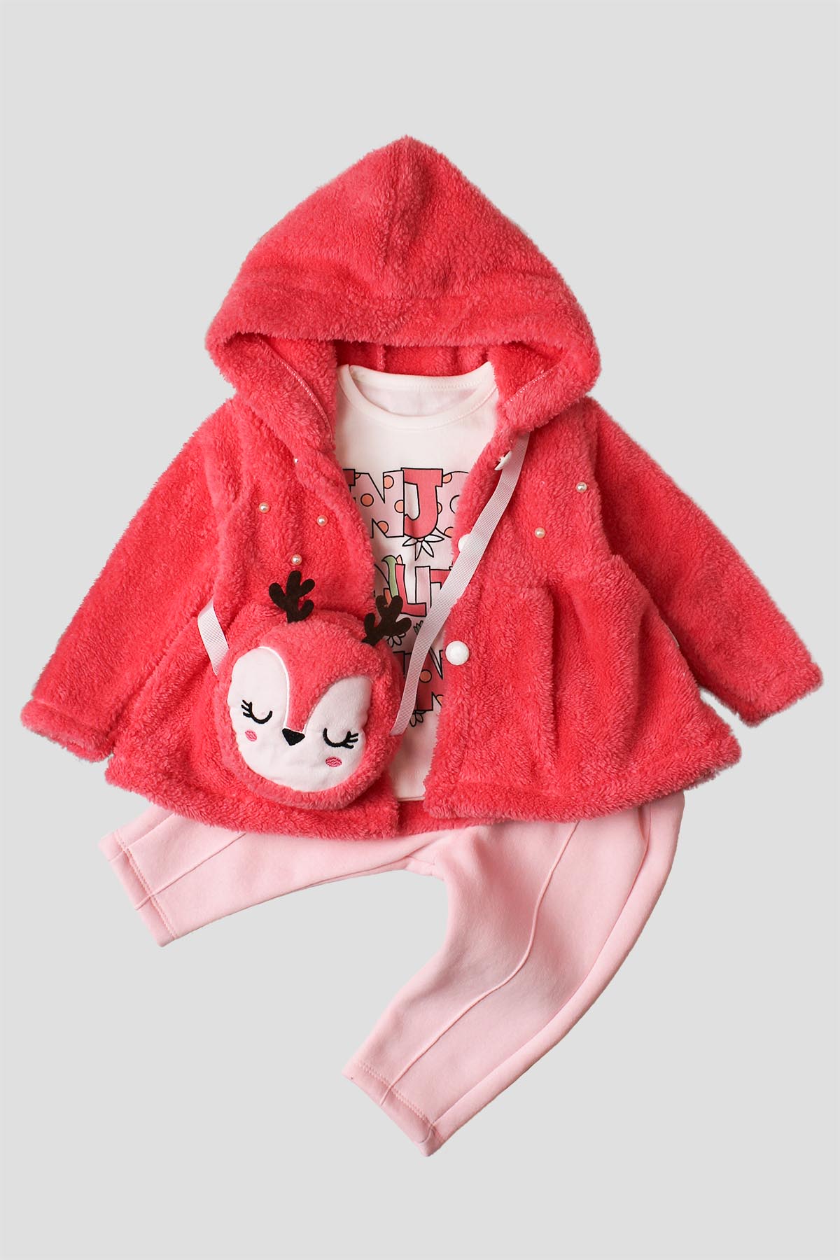 Kız Bebek 3 Lü Çantalı Kapüşonlu Peluş Takım 6-24 Ay